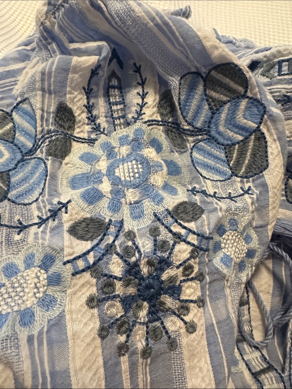 Solitaire Embroidered Blue & White Striped Peasant Top - Picture 4 of 4